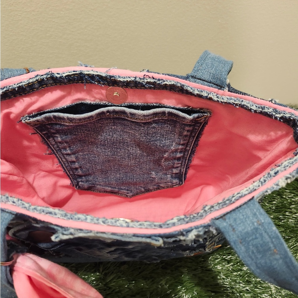 Denim Patchwork Tote With Red Accent - image 5